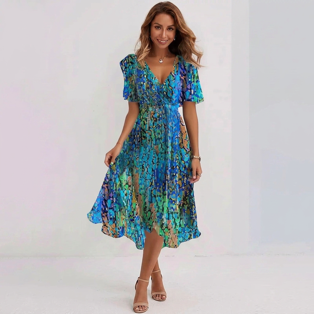Floral Wrap Midi Dress with Flattering V-Neck and Flowy Short