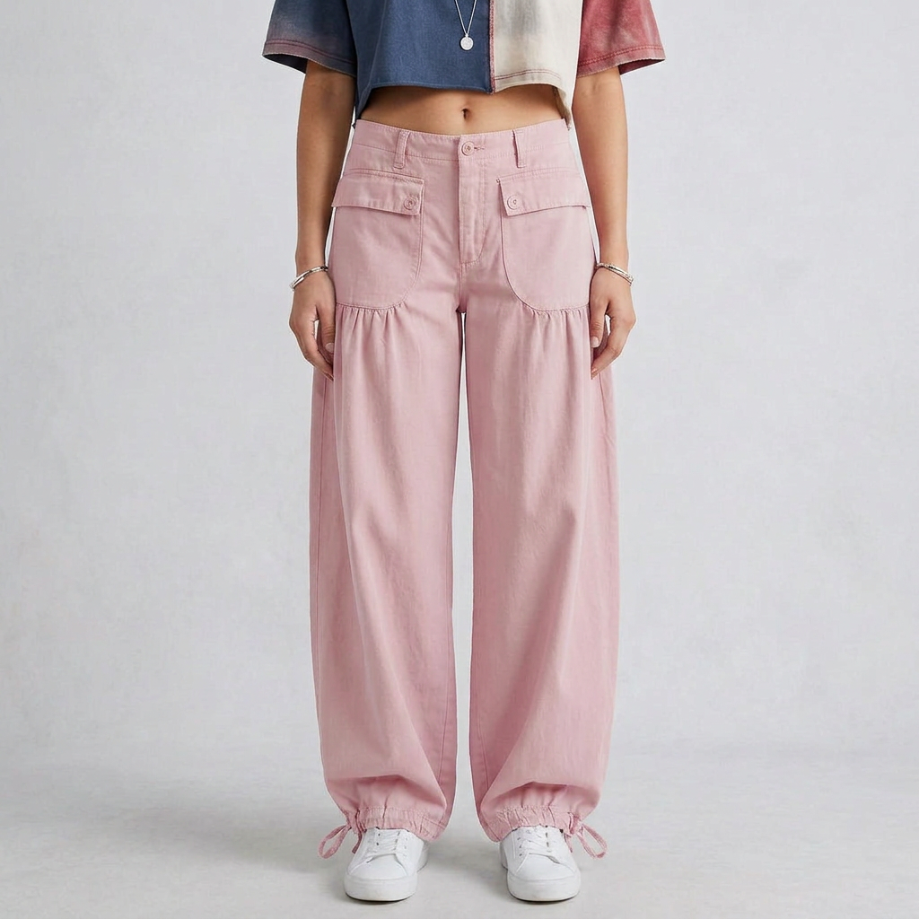 Wide-Leg Denim Lace-Up Utility Pants