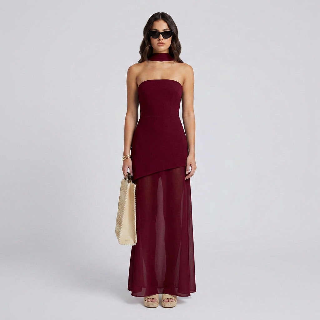 Kori Asymmetrical Layered Maxi Dress with Flowing Tiered Hem and Tailored Bodice