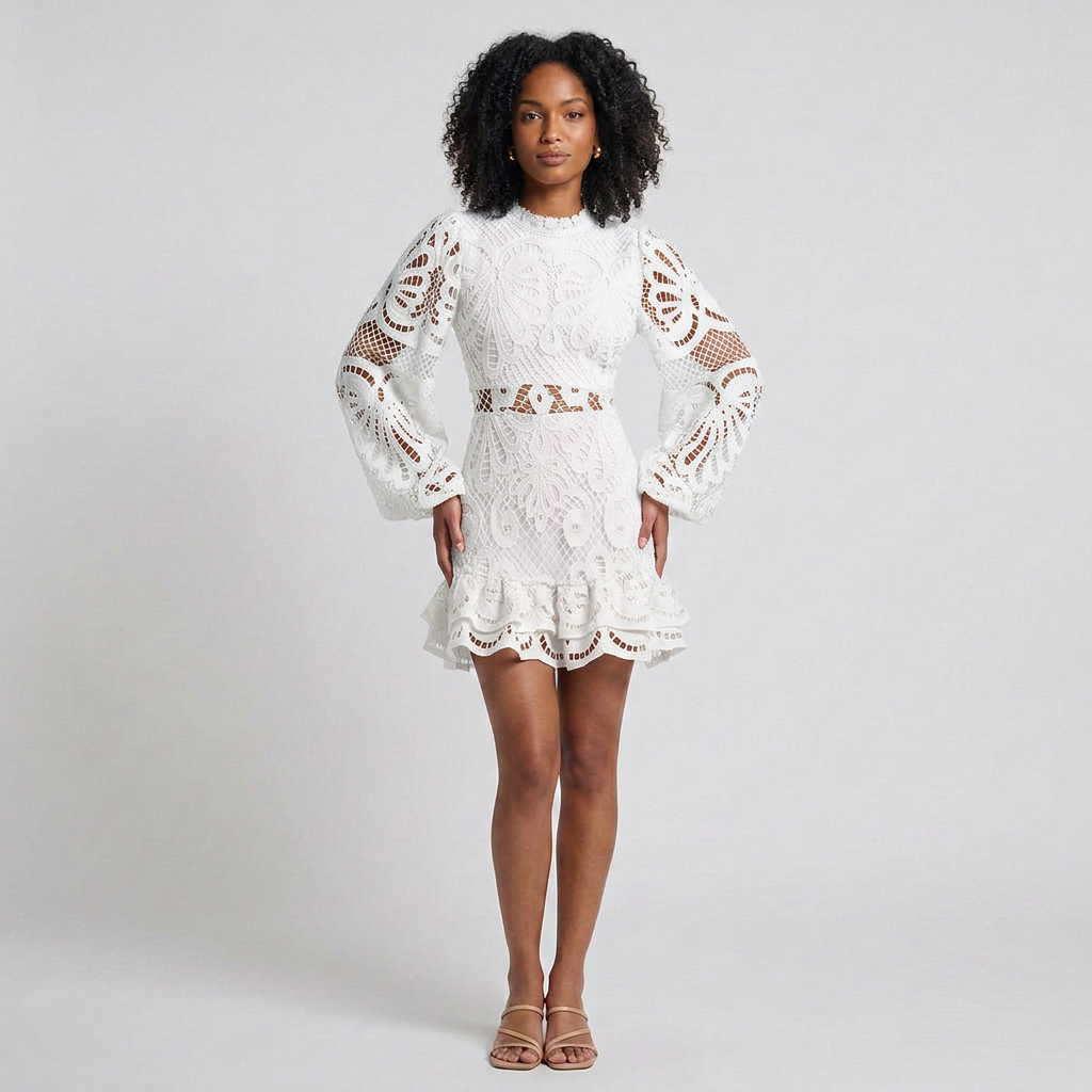 Elegant Lace Ruffle Mini Dress with V-Neckline and Tiered Silhouette