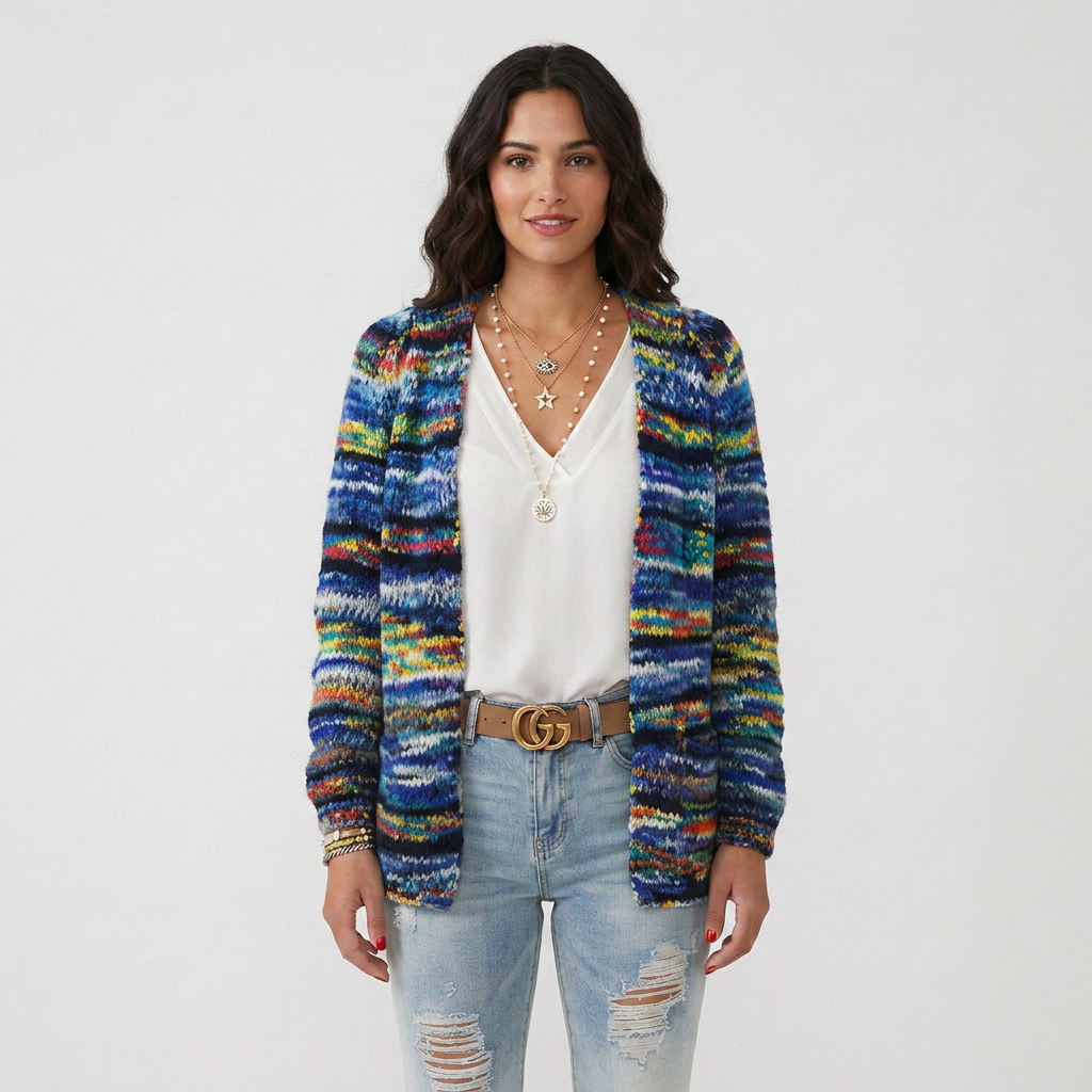 Long Sleeve Open Front Multicolor Knitted Sweater Cardigan