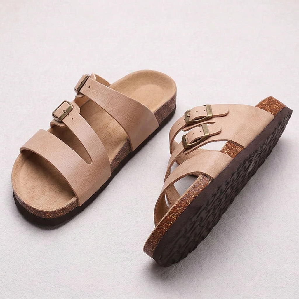 Isabella Double Buckle Leather Comfort Slide Sandals