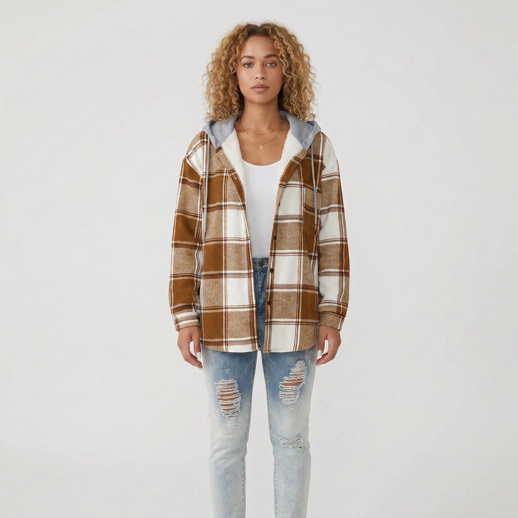Long Sleeve Checkered Pattern Lined Knit Cardigan