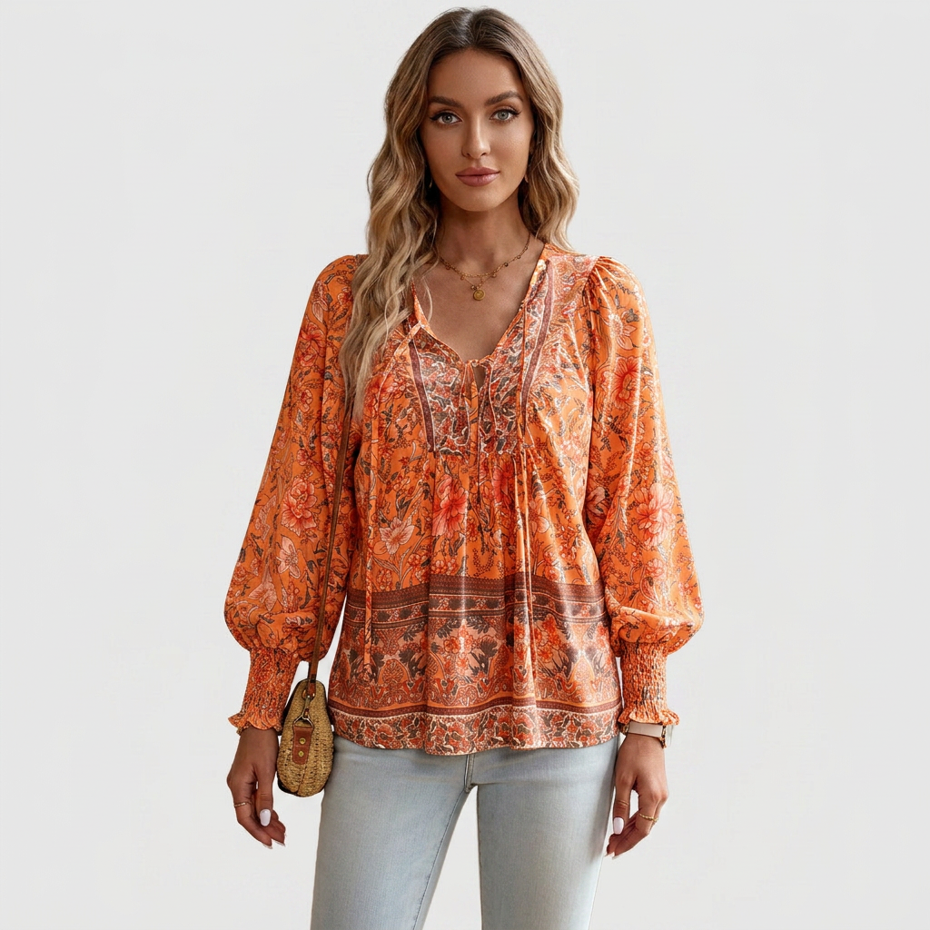 Boho Floral Long-Sleeve Peasant Top