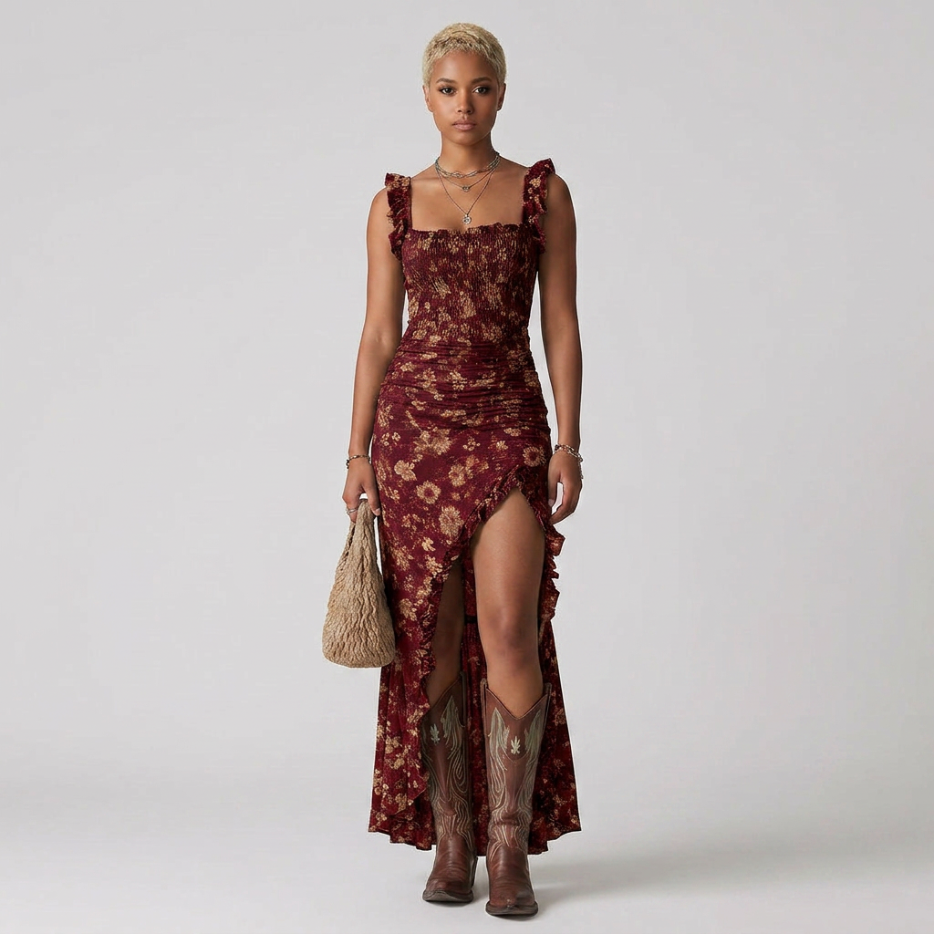 Floral Mermaid Maxi Dress with Ruffle Hem and High Slit