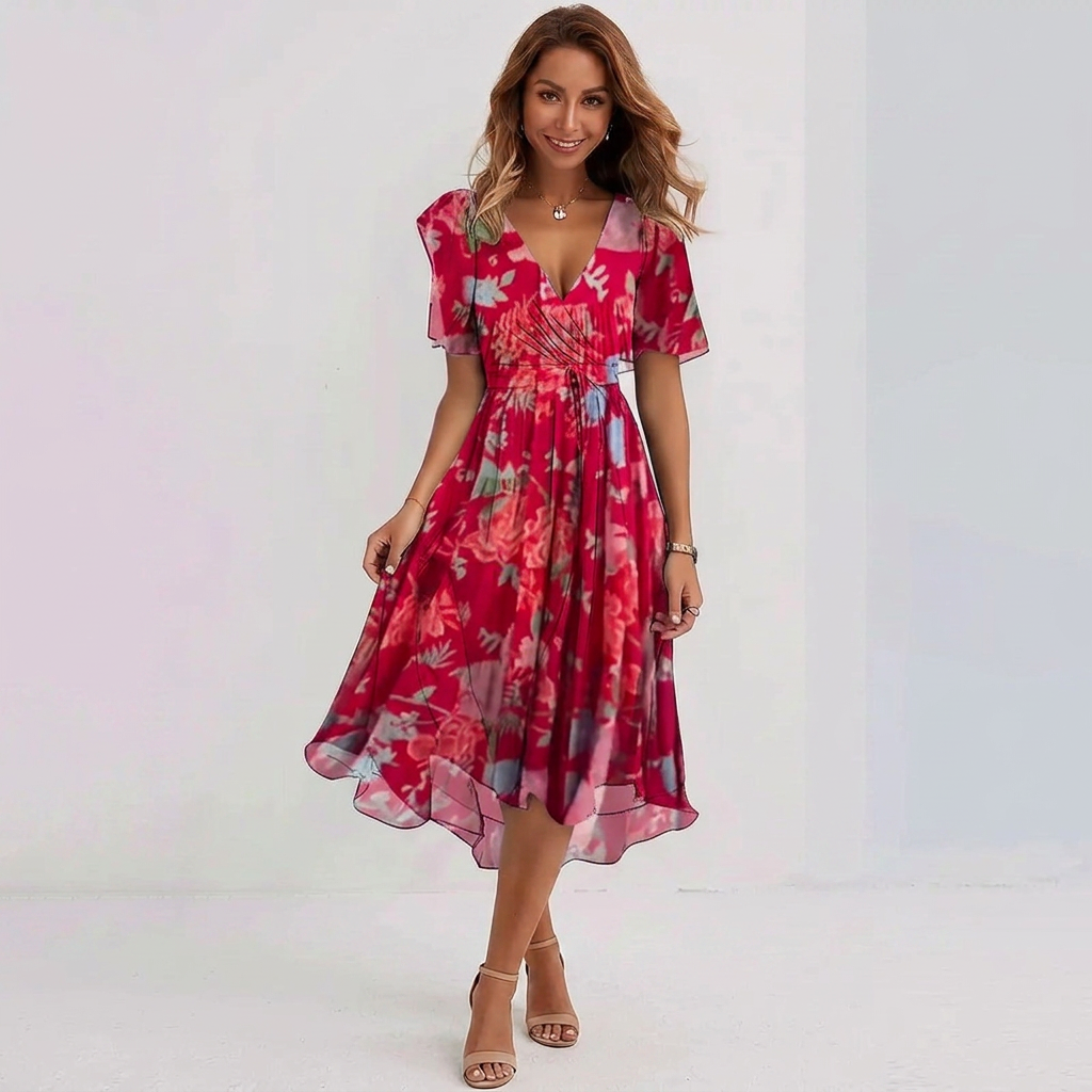 Floral Wrap Midi Dress with Flattering V-Neck and Flowy Short