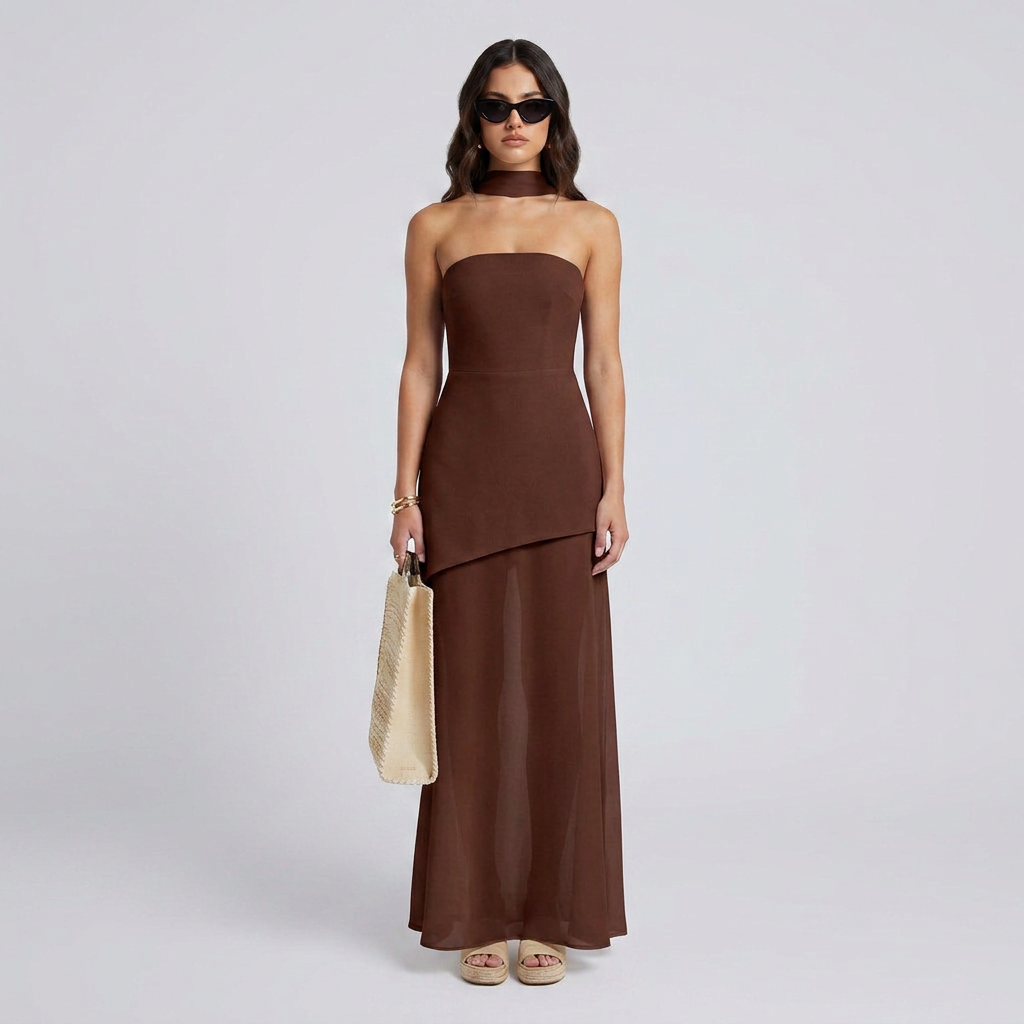 Kori Asymmetrical Layered Maxi Dress with Flowing Tiered Hem and Tailored Bodice