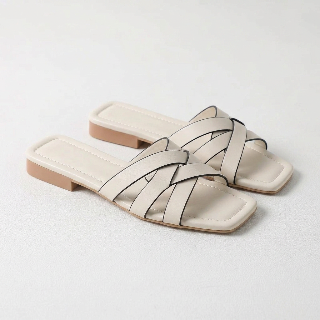 Amelia Woven Leather Square Toe Slide Sandals