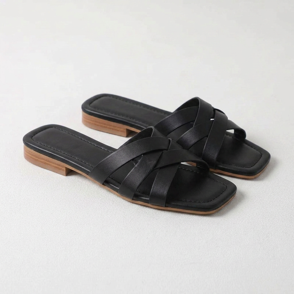 Amelia Woven Leather Square Toe Slide Sandals