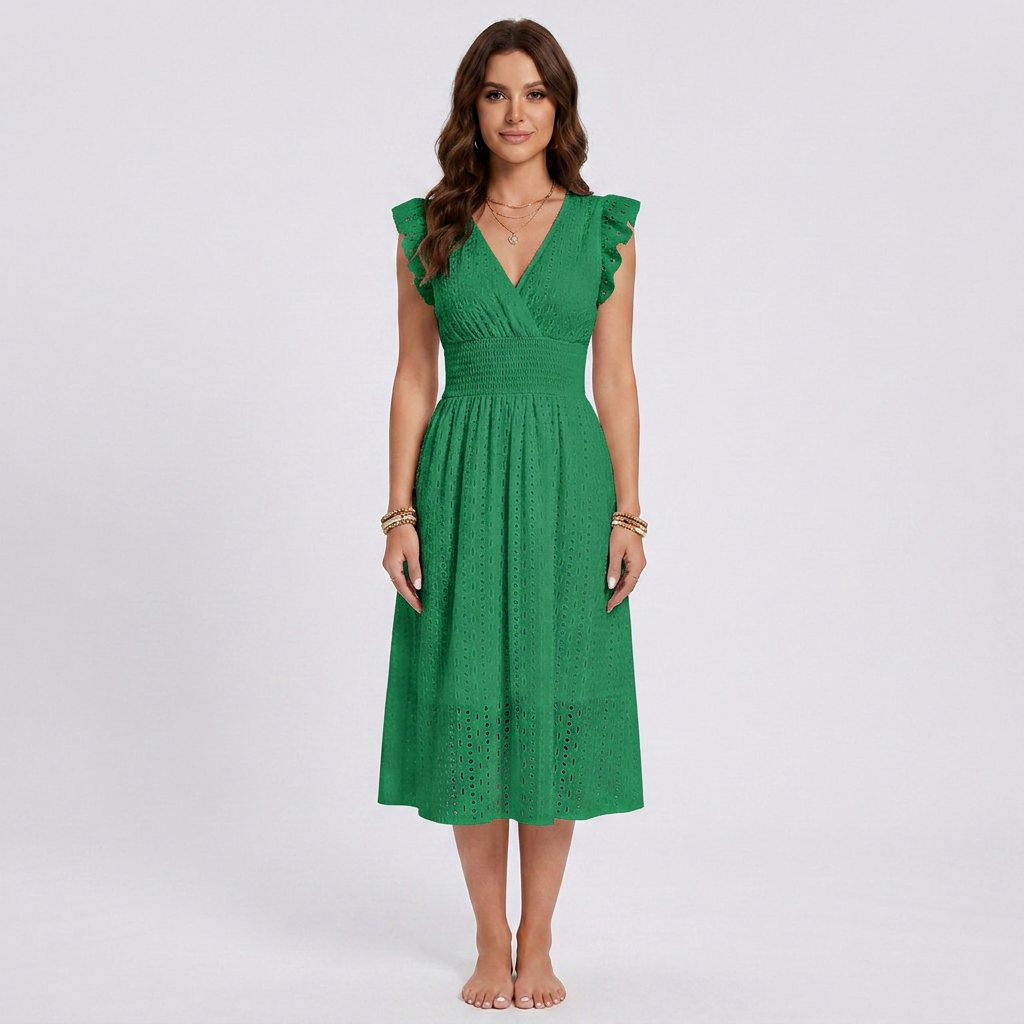Boho Eyelet Lace Smocked V-Neck Midi Dress