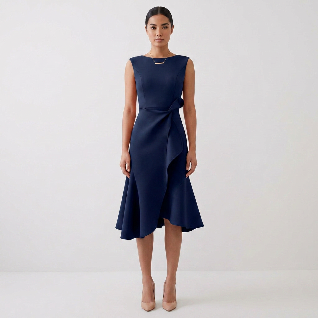 Elegant Asymmetric Draped Sleeveless Midi Dress