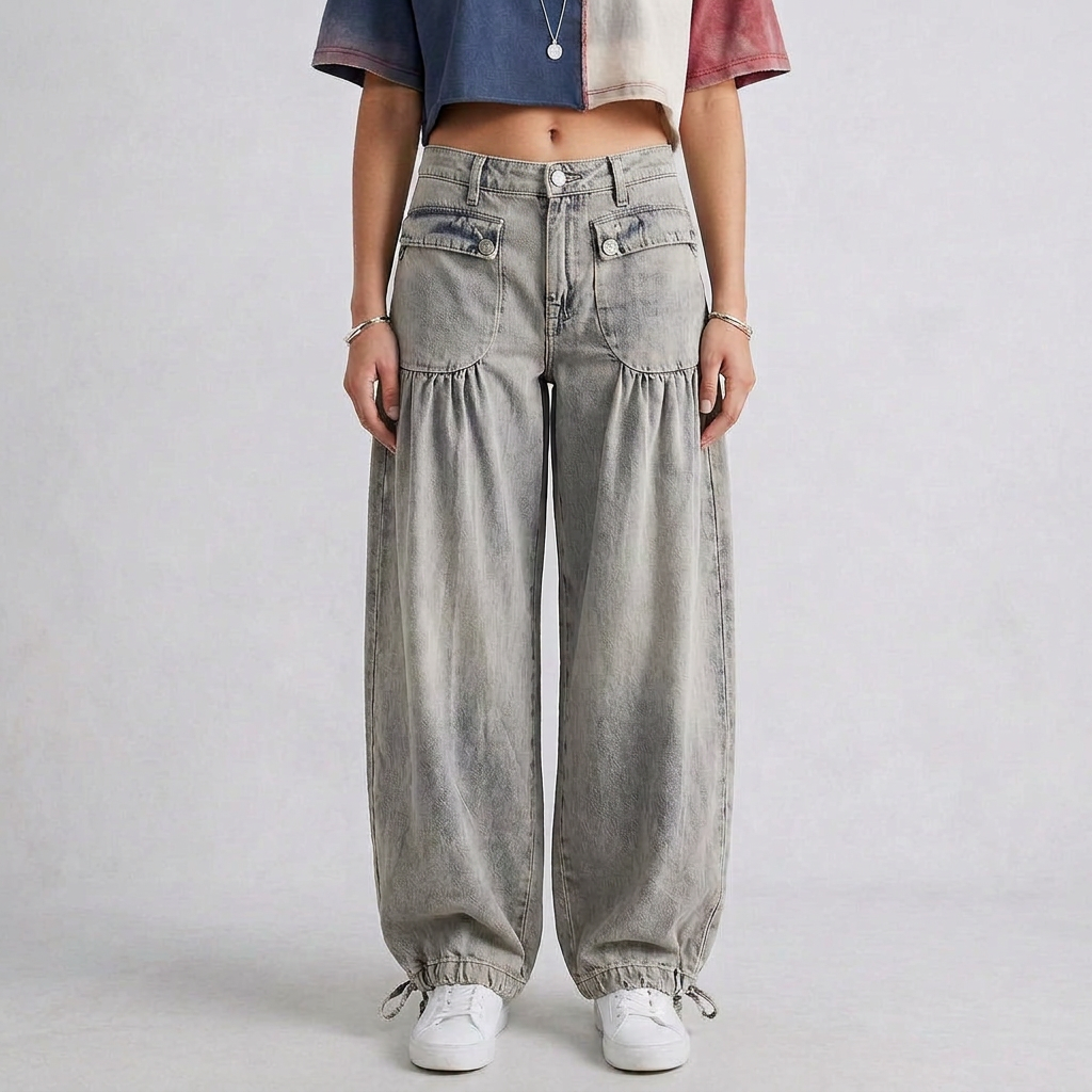 Wide-Leg Denim Lace-Up Utility Pants