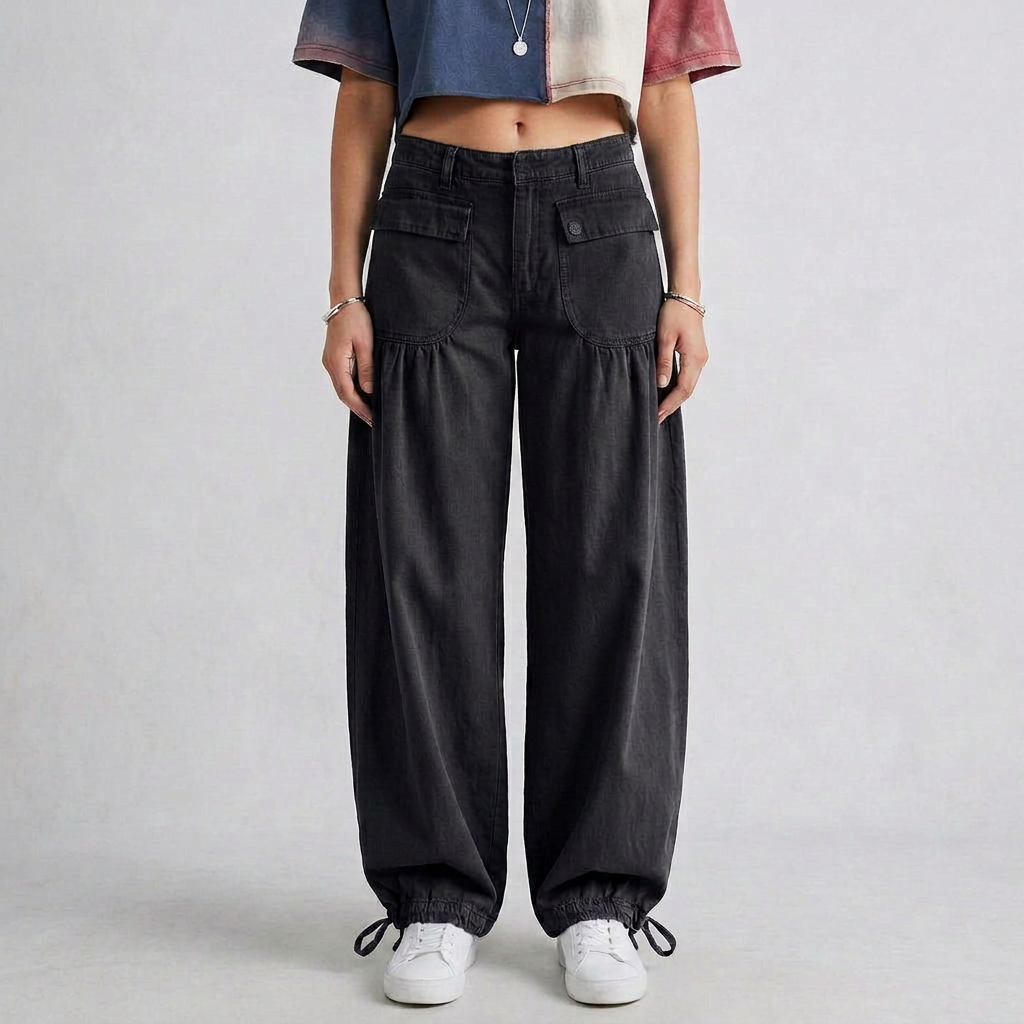 Wide-Leg Denim Lace-Up Utility Pants