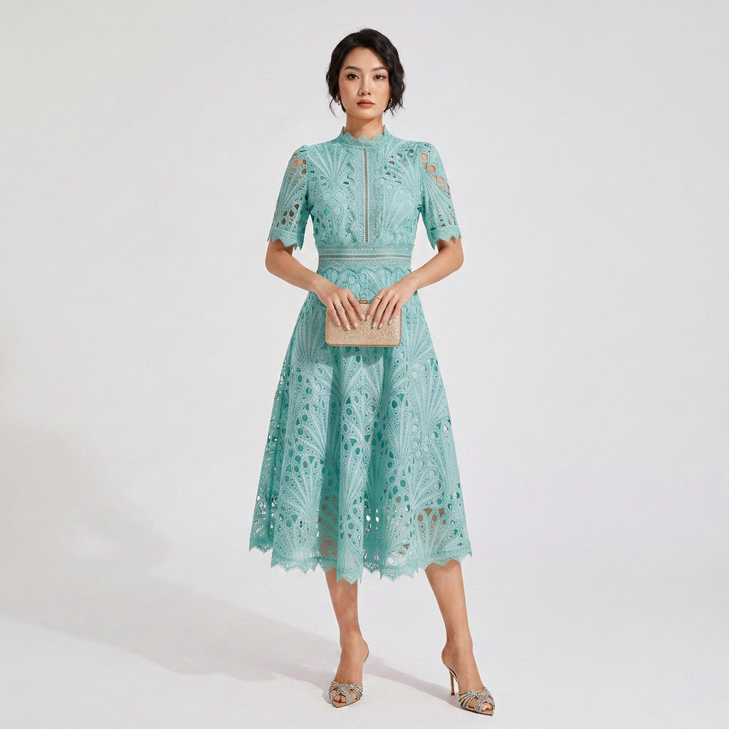 Elegant Lace Midi Dress with Flutter Sleeves and Layered