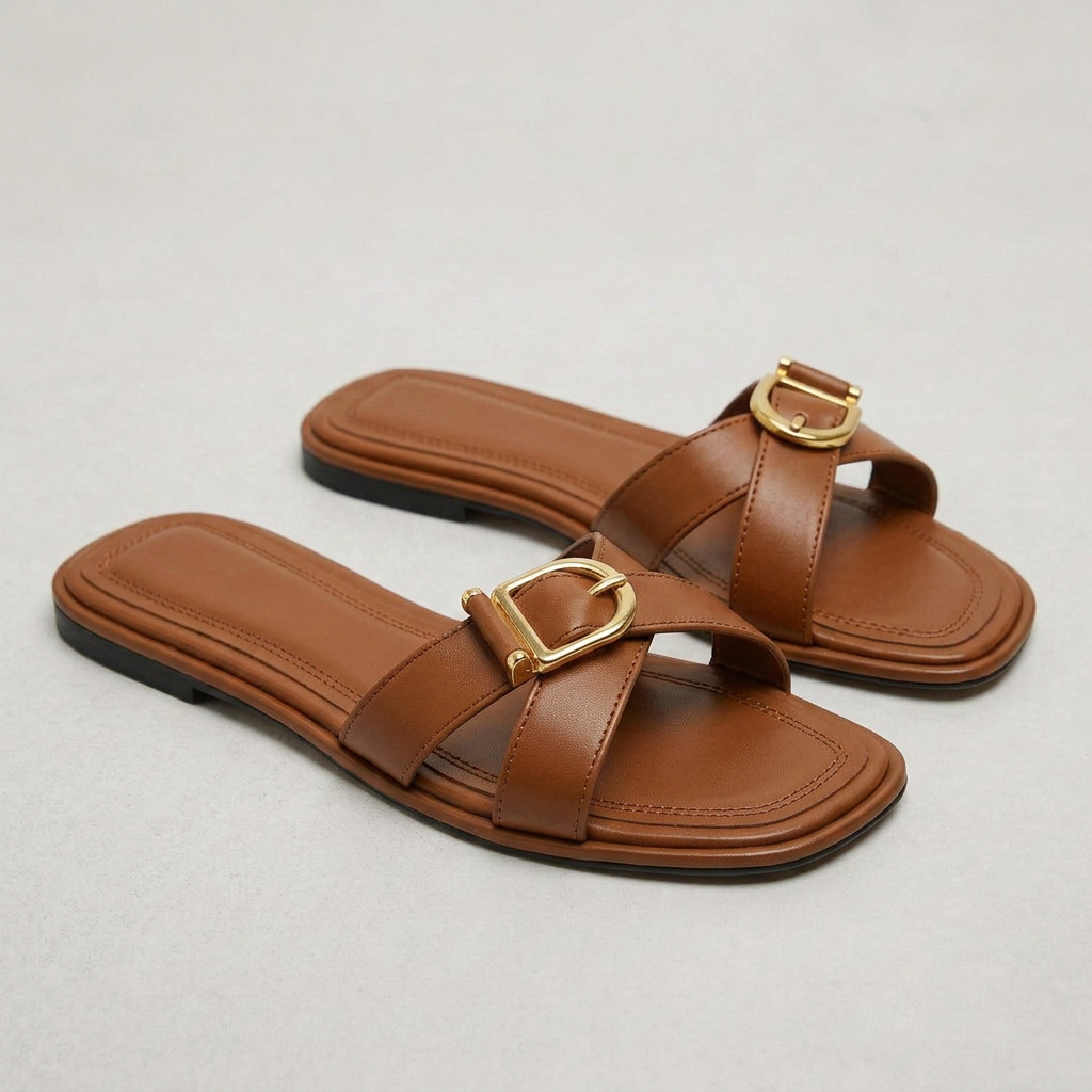 Valentina Italian Leather Cross Strap Slide Sandals