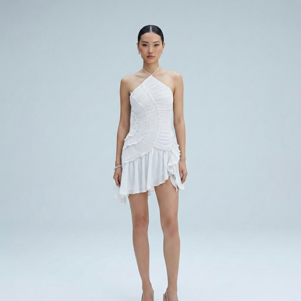 Halter Neck Pleated Mini Cocktail Dress with Asymmetrical Ruffle Hem in Lilac