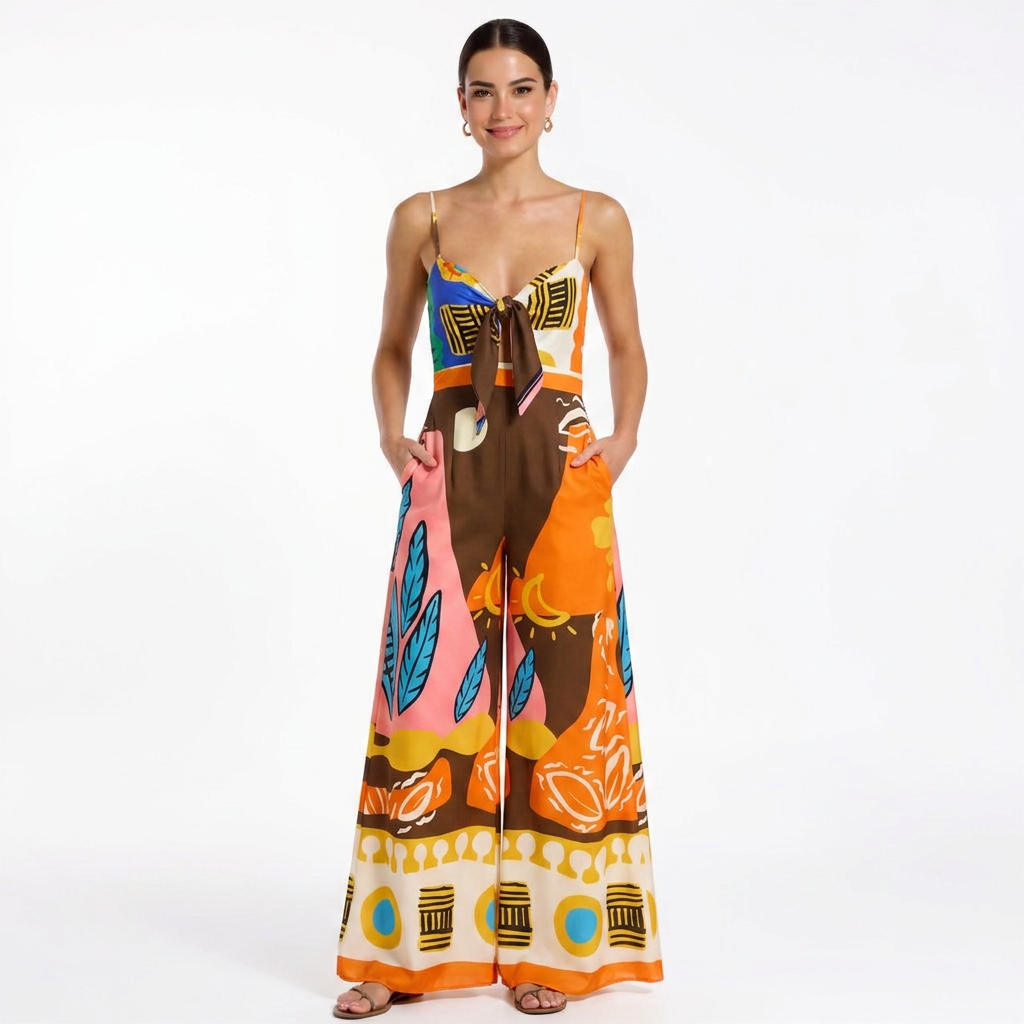 Maya Women Spaghetti Strap Front Tie Wide Leg Jumpsuit Maxi Dress