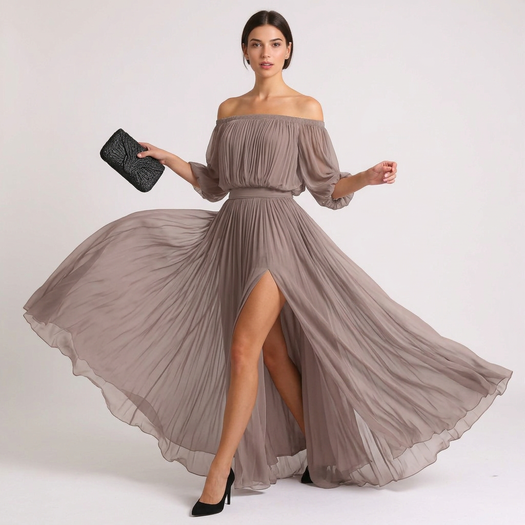 Elegant Off-Shoulder Black Pleated Dress with Flowing Silhouette