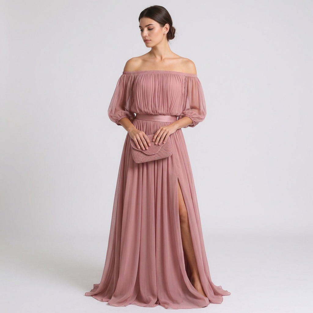 Elegant Off-Shoulder Black Pleated Dress with Flowing Silhouette