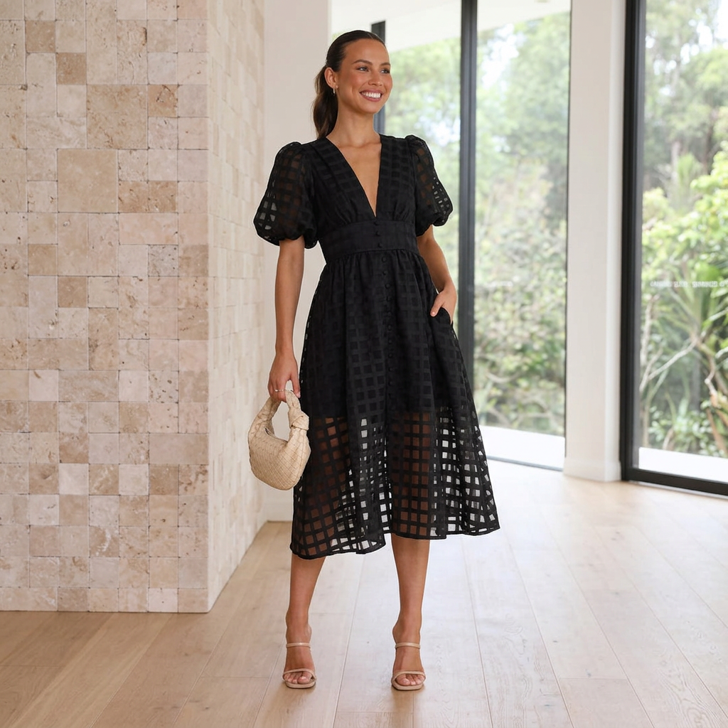 Grid Textured Puff Sleeve V-Neck Midi Wedding Guest Dress