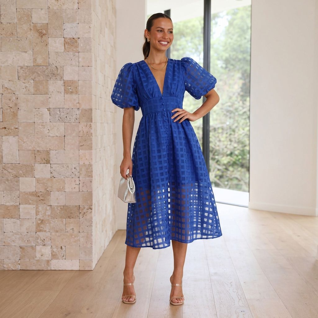 Grid Textured Puff Sleeve V-Neck Midi Wedding Guest Dress