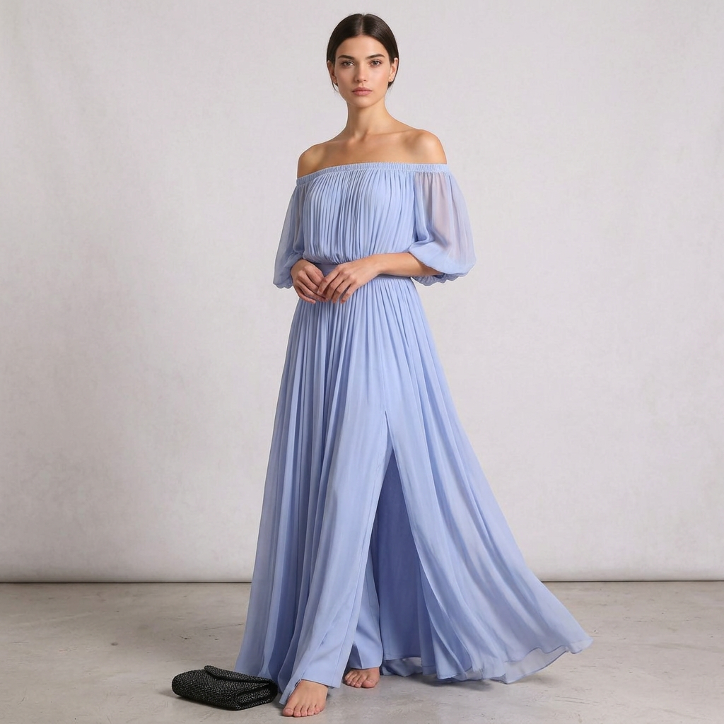 Elegant Off-Shoulder Black Pleated Dress with Flowing Silhouette
