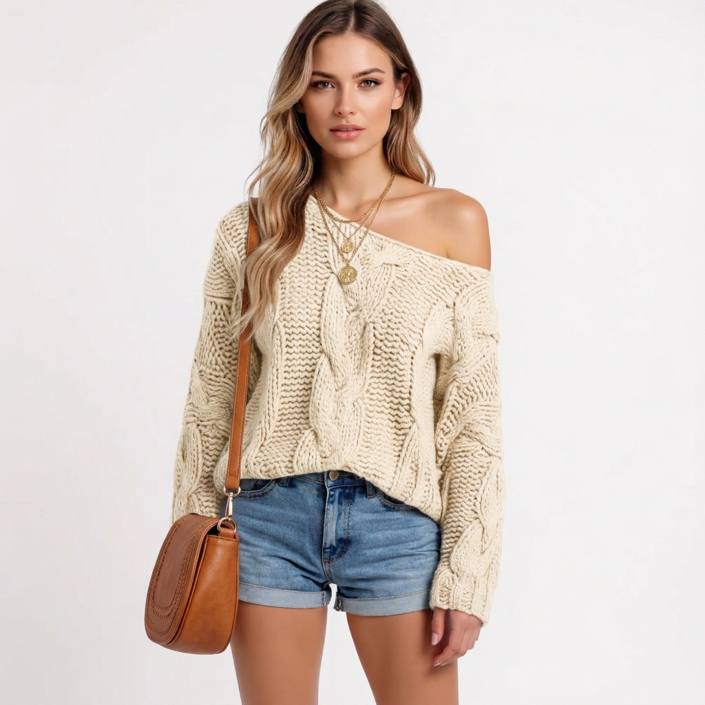 Chic Off-Shoulder Cable Knit Sweater in Warm Taupe