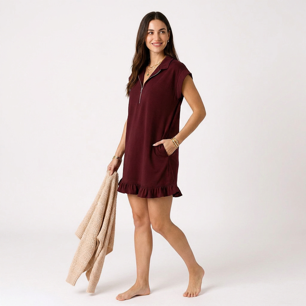 Olivia Women Sleeveless Half-Zip Stand Collar Ruffle Hem Mini Dress