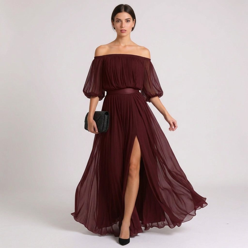 Elegant Off-Shoulder Black Pleated Dress with Flowing Silhouette