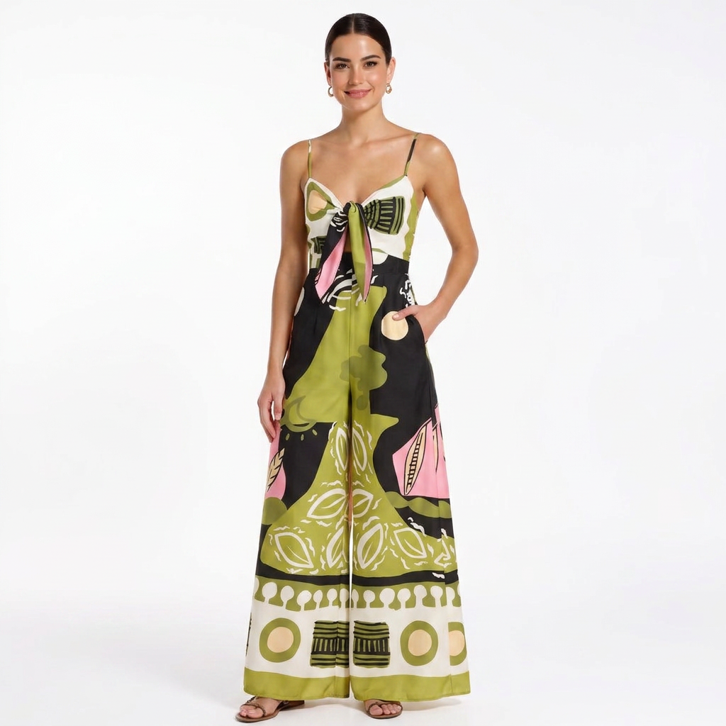 Maya Women Spaghetti Strap Front Tie Wide Leg Jumpsuit Maxi Dress