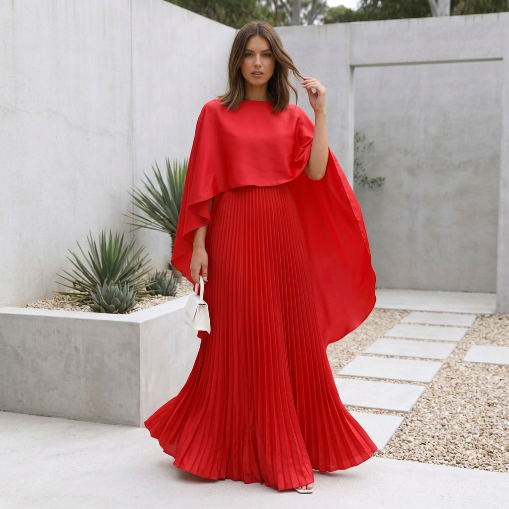 Genevieve Long Cape Sleeve Pleated Maxi Wedding Guest Dress
