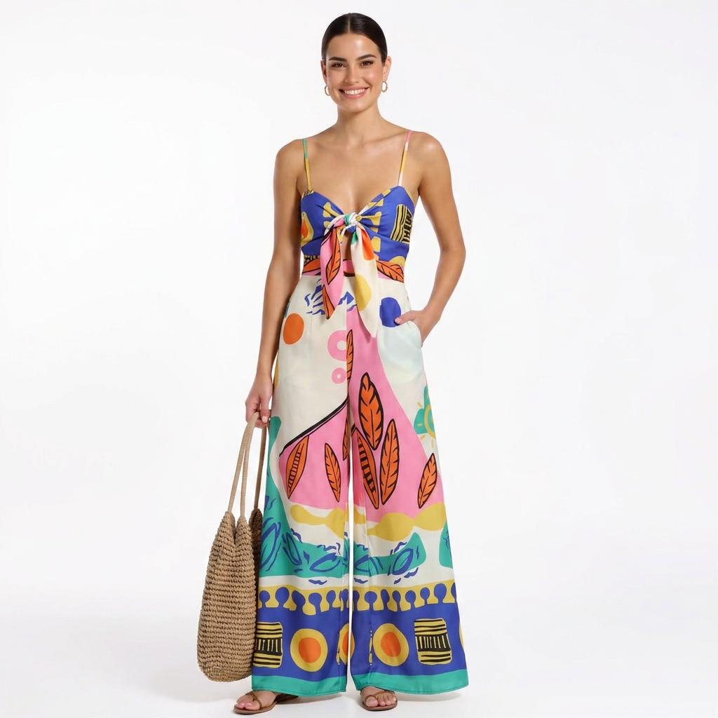 Maya Women Spaghetti Strap Front Tie Wide Leg Jumpsuit Maxi Dress