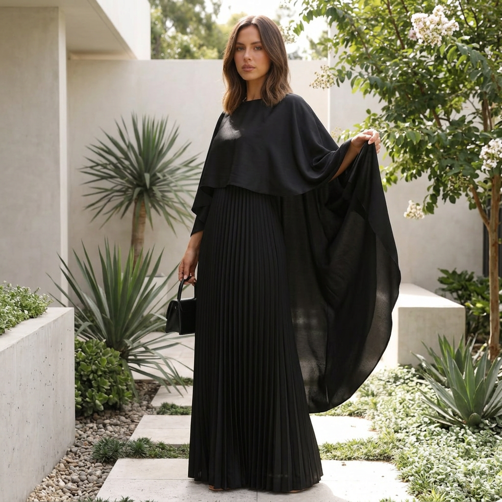 Genevieve Long Cape Sleeve Pleated Maxi Wedding Guest Dress