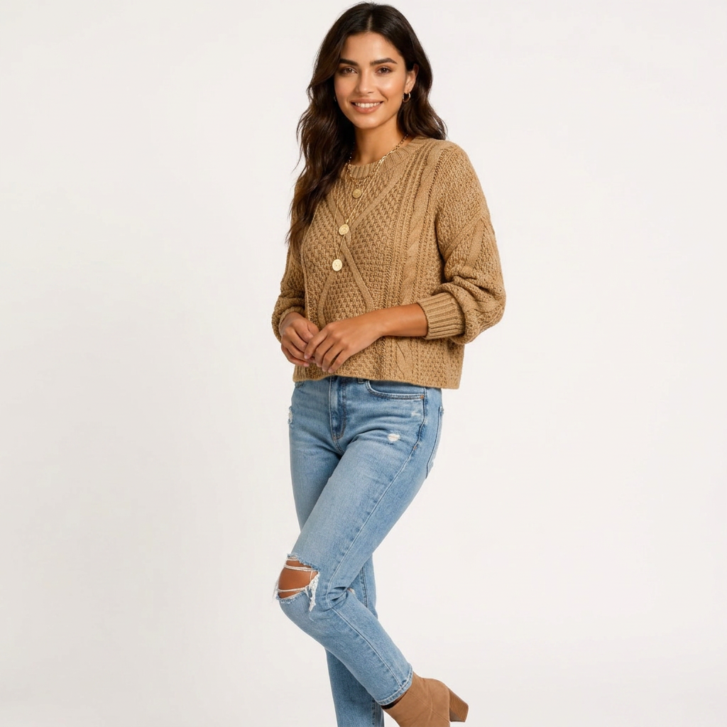 Yara Women Long Sleeve Round Neck Chunky Knit Sweater