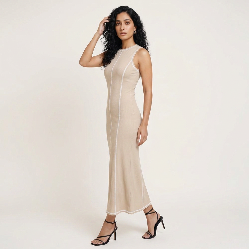 Kiara Women Sleeveless Contrast Seam Knit Maxi Bodycon Dress