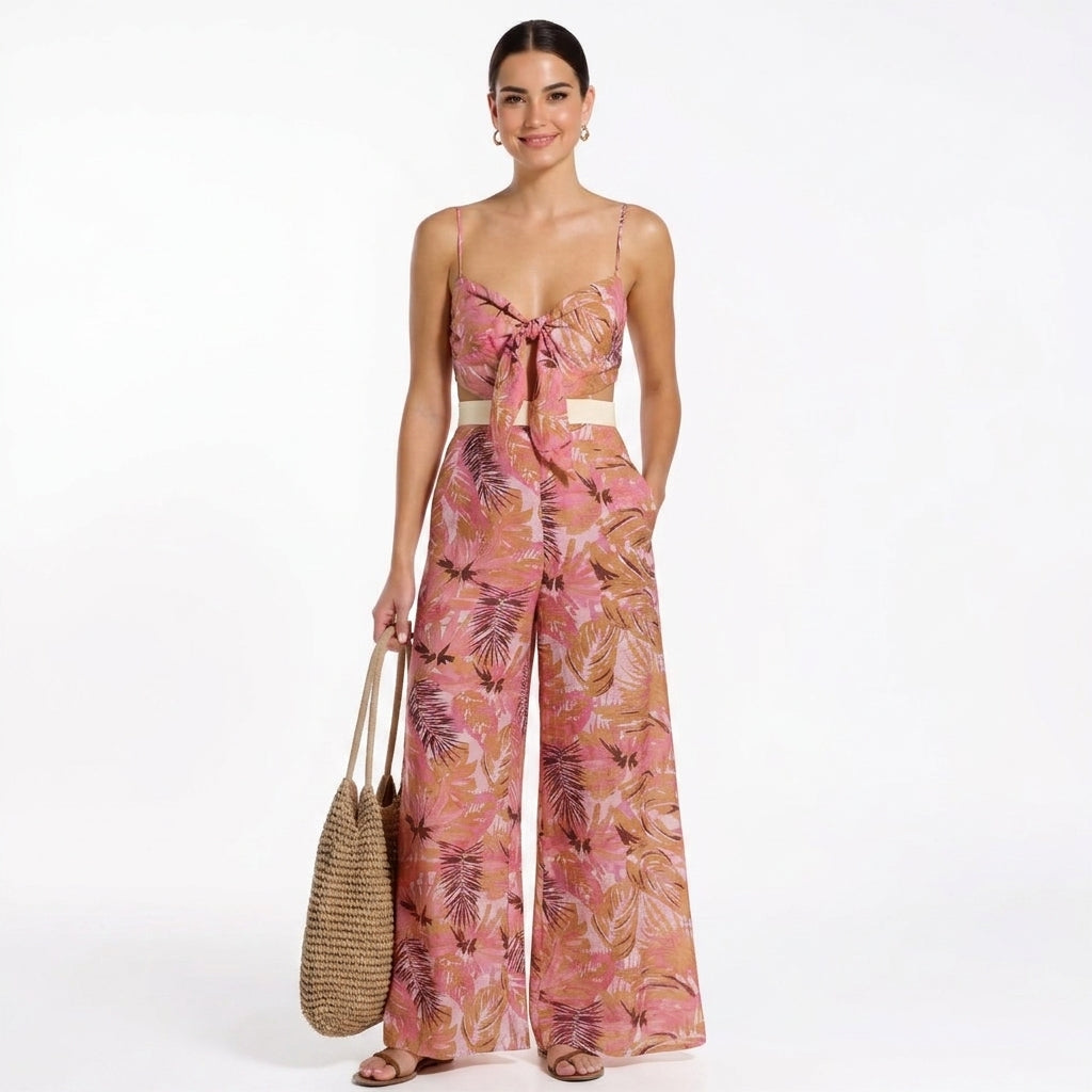 Maya Women Spaghetti Strap Front Tie Wide Leg Jumpsuit Maxi Dress