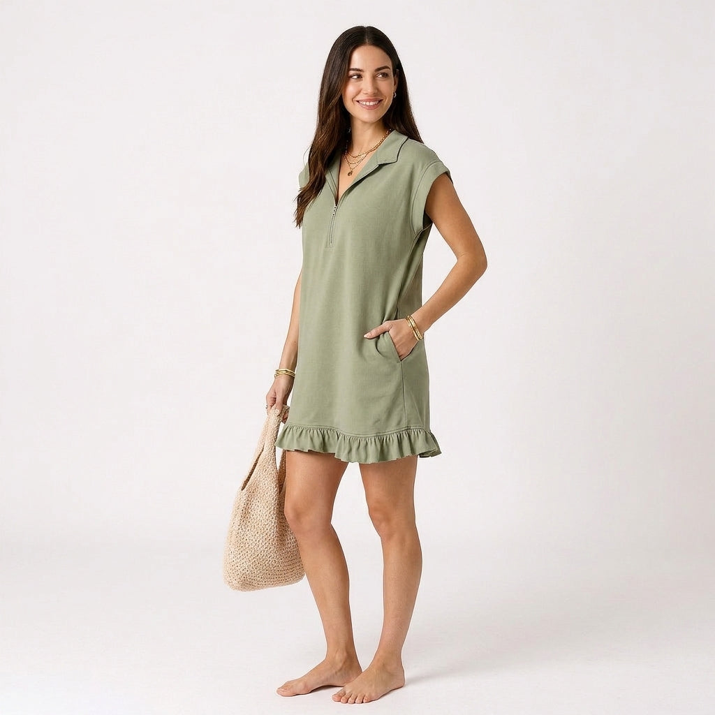 Olivia Women Sleeveless Half-Zip Stand Collar Ruffle Hem Mini Dress