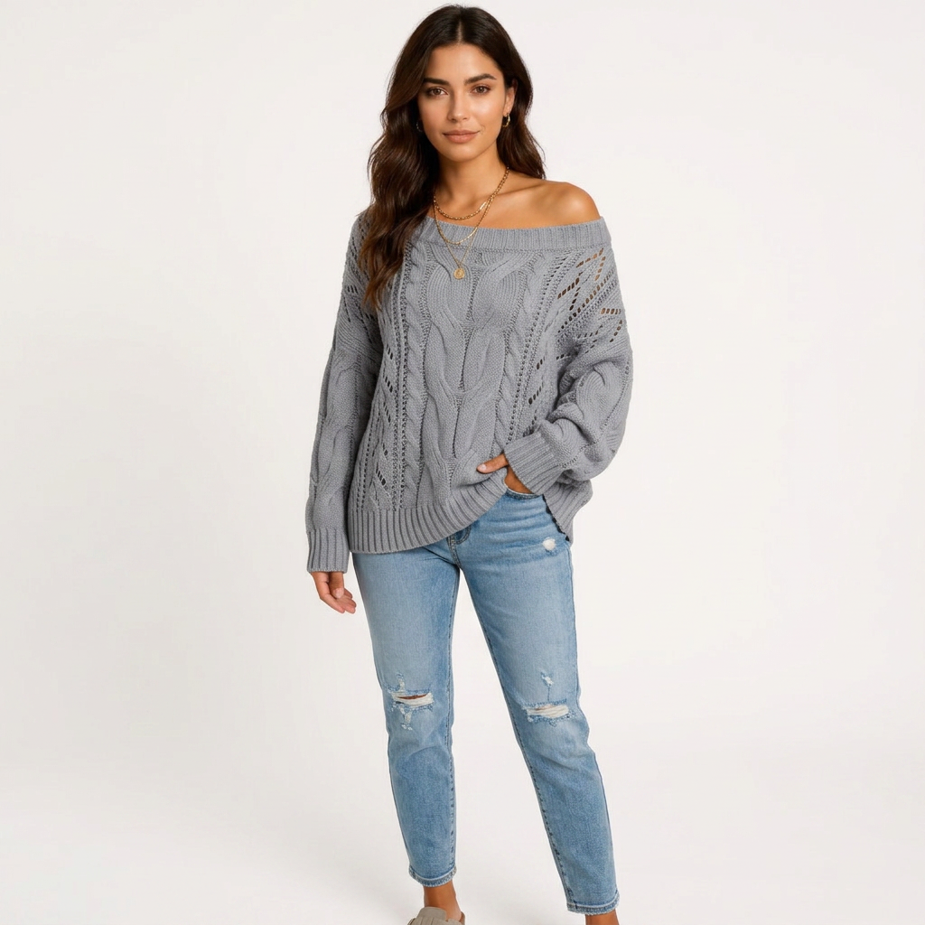 Yara Women Long Sleeve Round Neck Chunky Knit Sweater