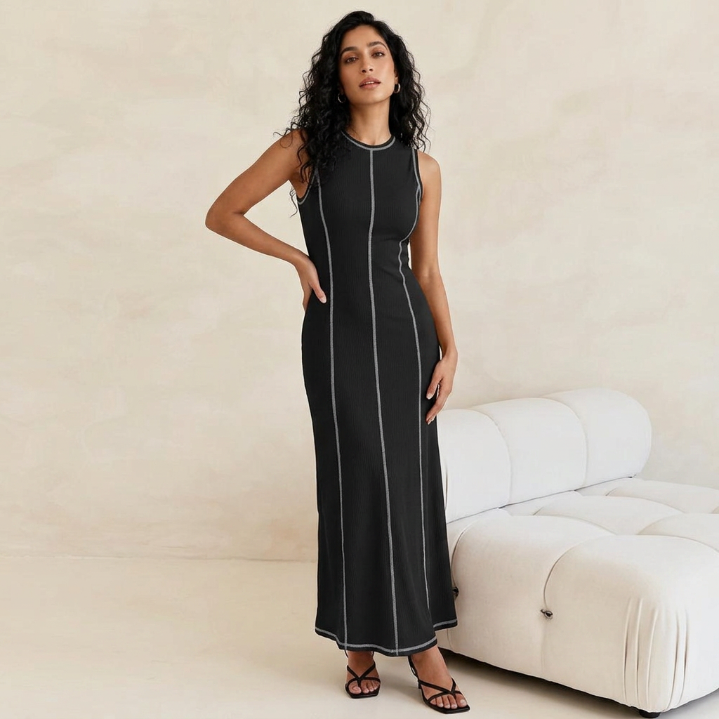 Kiara Women Sleeveless Contrast Seam Knit Maxi Bodycon Dress