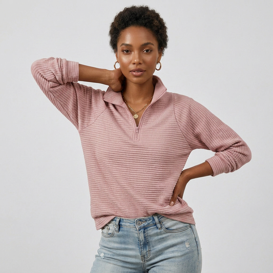 High-Neck Half-Zip Long Sleeve Knit Sweater