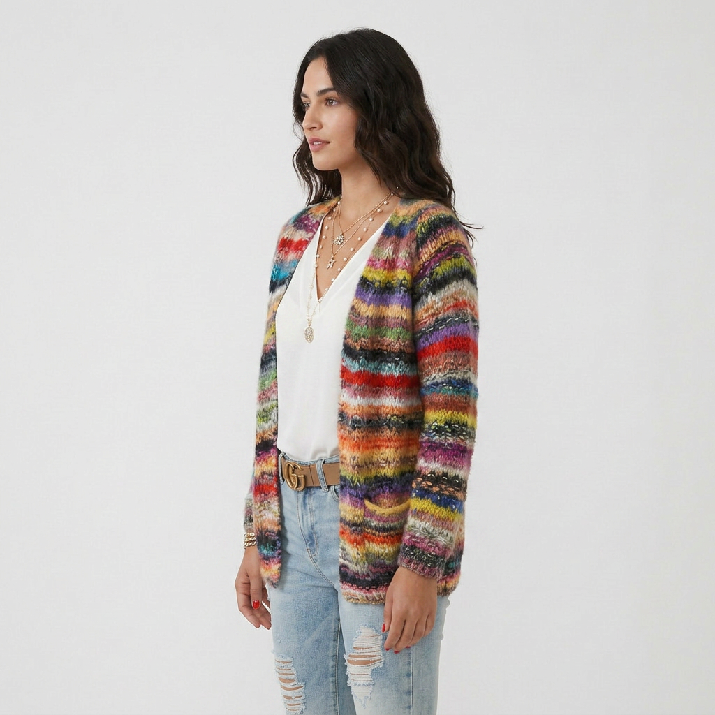 Long Sleeve Open Front Multicolor Knitted Sweater Cardigan