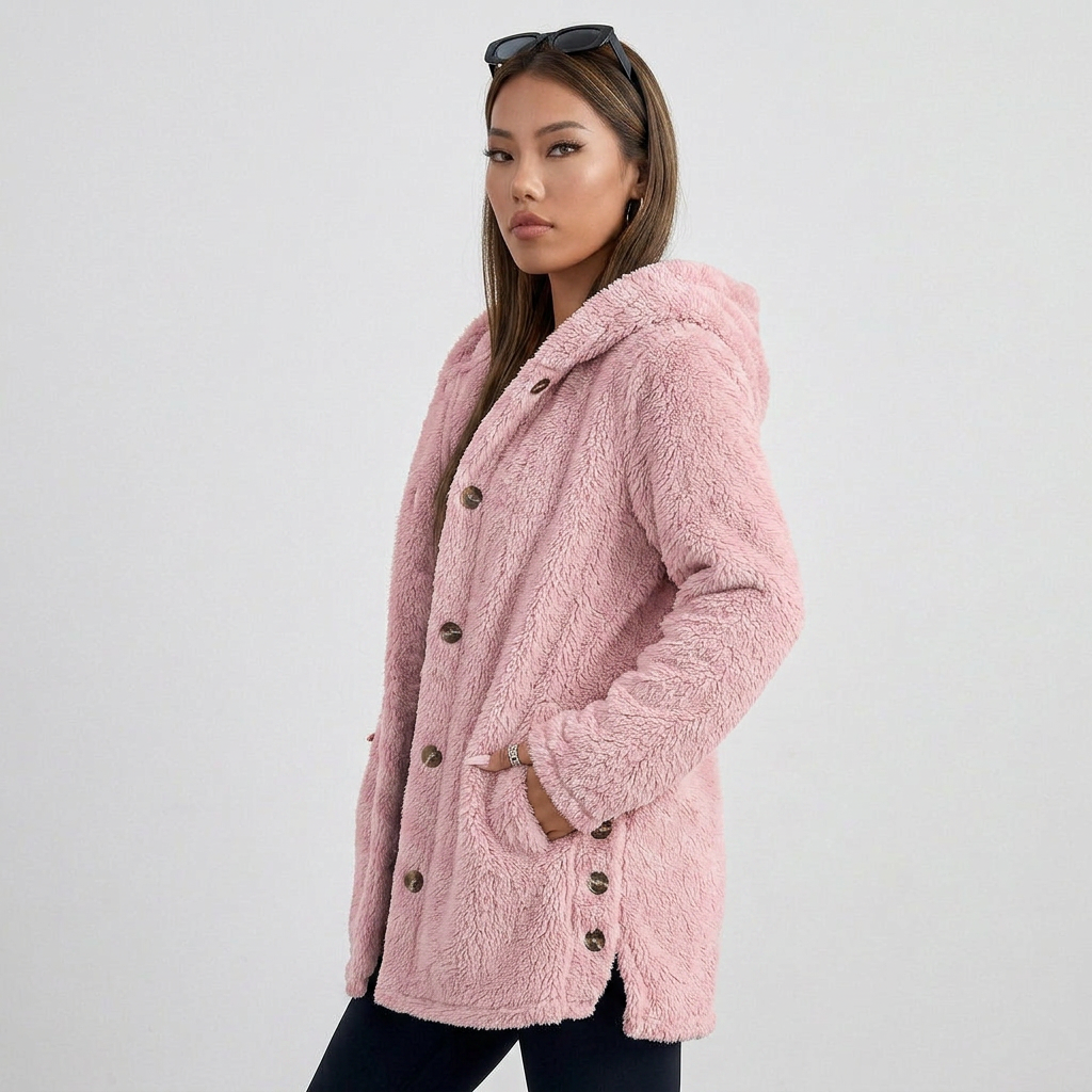 Long Sleeve Button Up Hooded Plush Fleece Cardigan