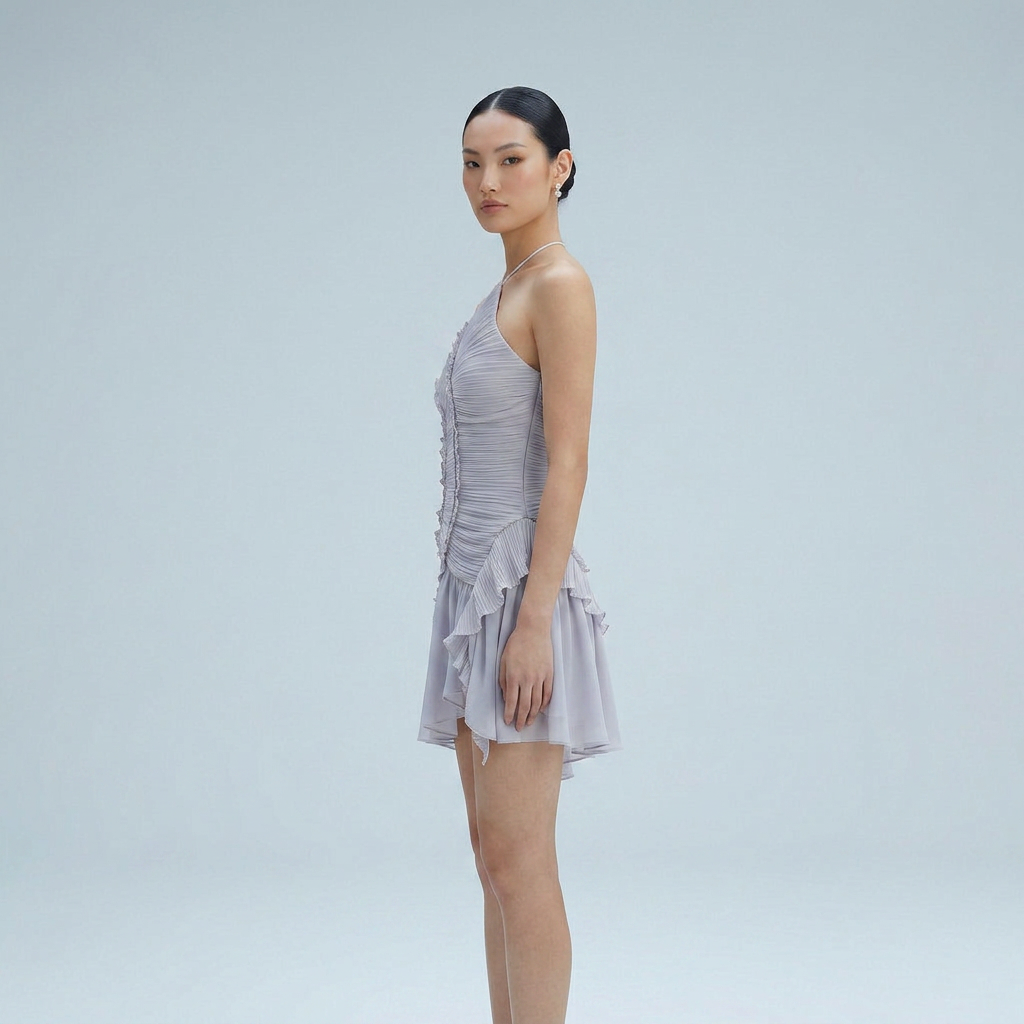 Halter Neck Pleated Mini Cocktail Dress with Asymmetrical Ruffle Hem in Lilac