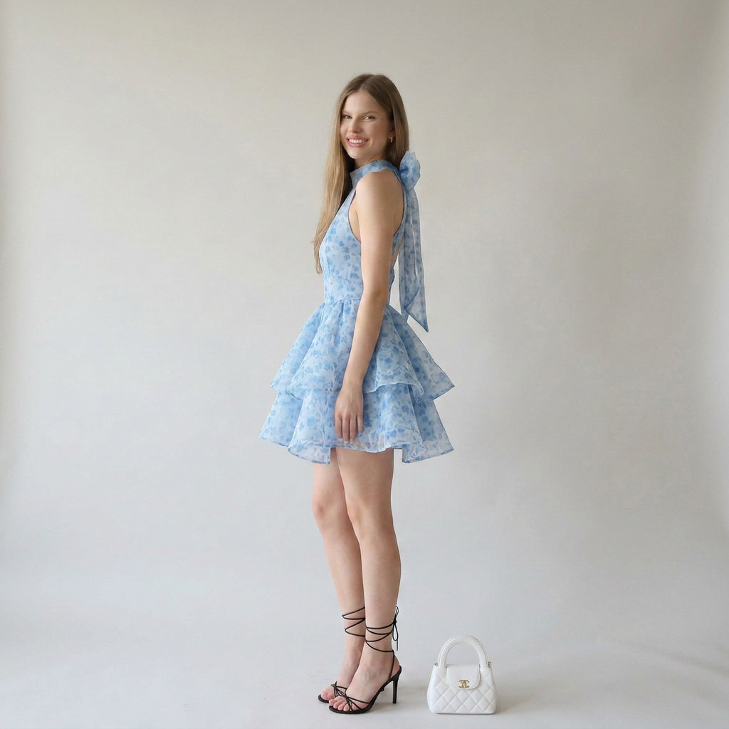 Floral Printed Organza High-Neck A-Line Mini Dress with Back Tie Detail