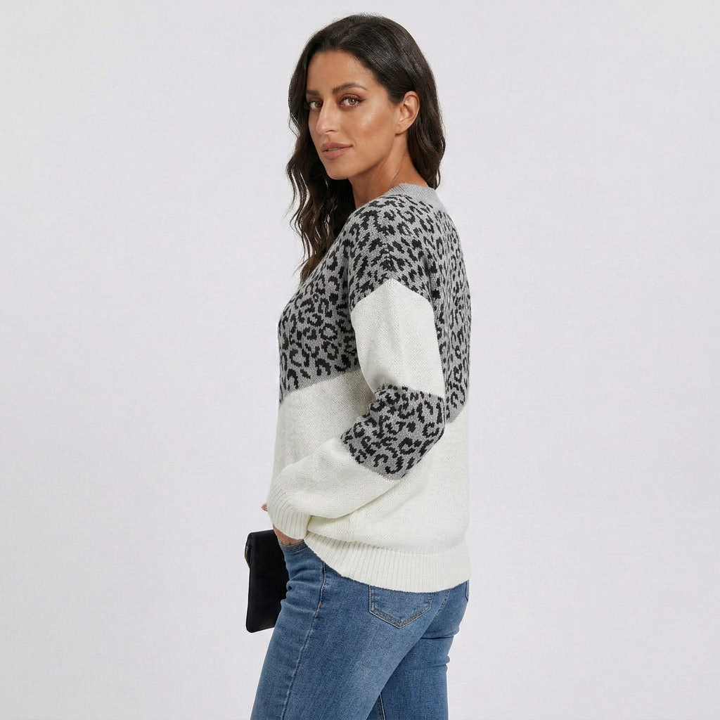 V-Neck Leopard Print Knit Sweater