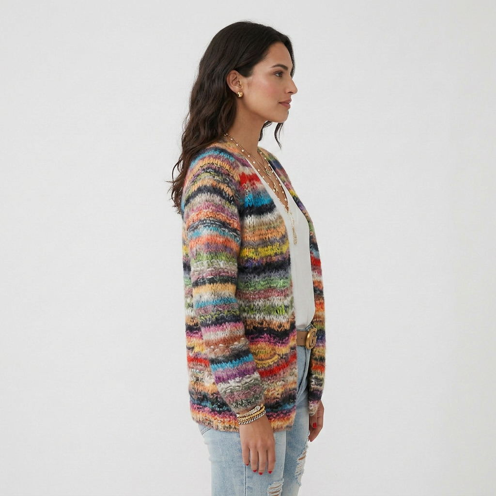 Long Sleeve Open Front Multicolor Knitted Sweater Cardigan