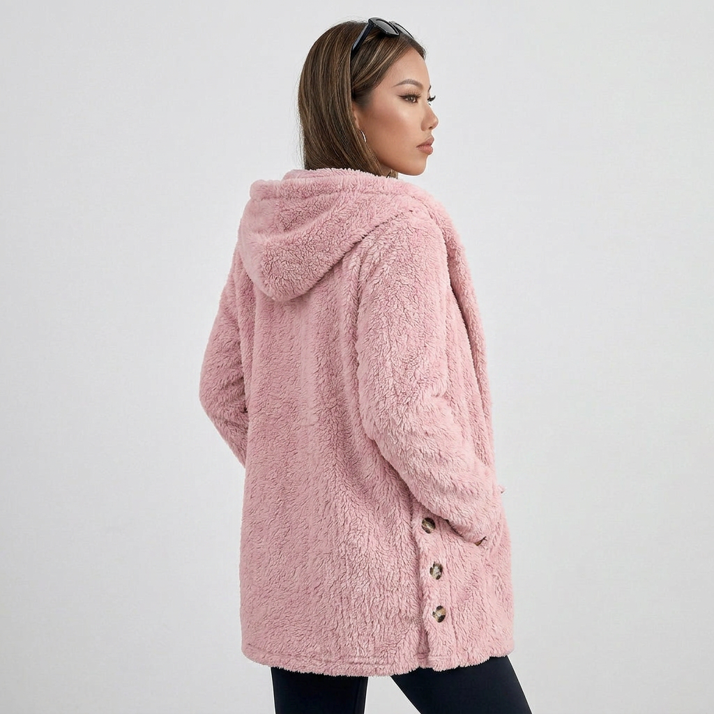 Long Sleeve Button Up Hooded Plush Fleece Cardigan