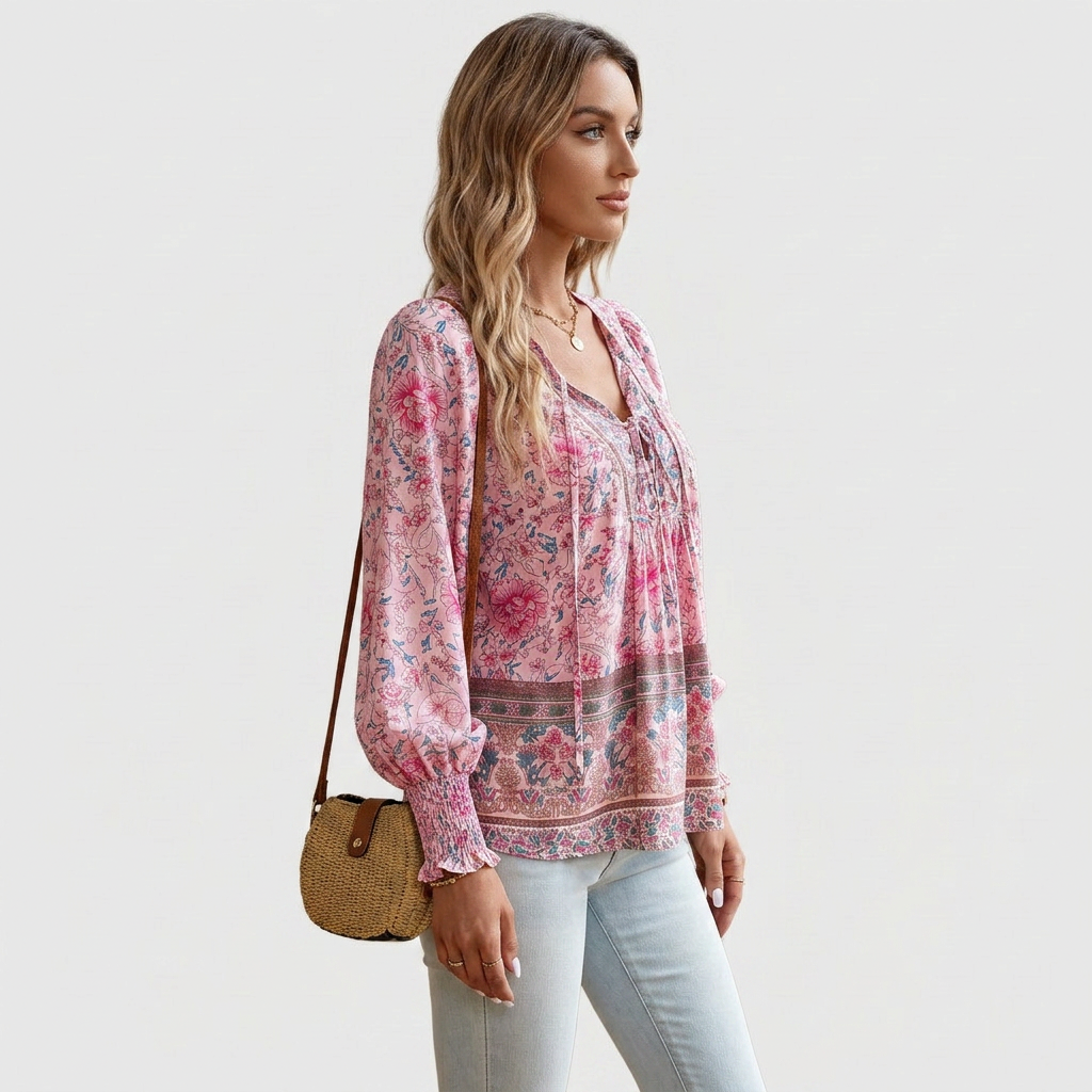 Boho Floral Long-Sleeve Peasant Top