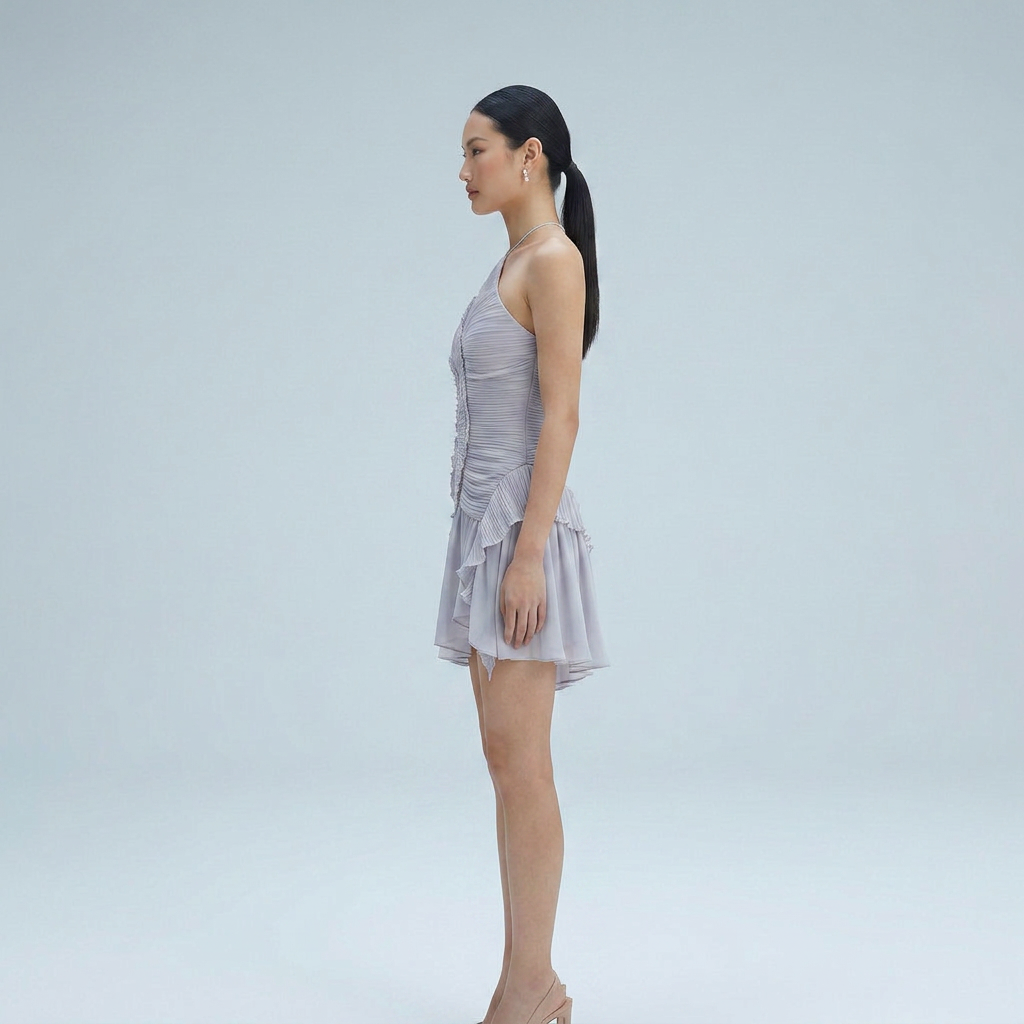 Halter Neck Pleated Mini Cocktail Dress with Asymmetrical Ruffle Hem in Lilac