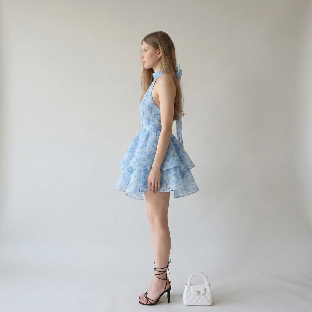 Floral Printed Organza High-Neck A-Line Mini Dress with Back Tie Detail